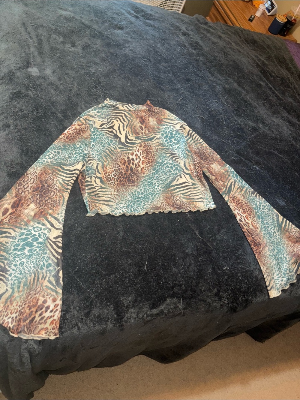 Animal Print Sheer Crop Top with Bell Sleeves -